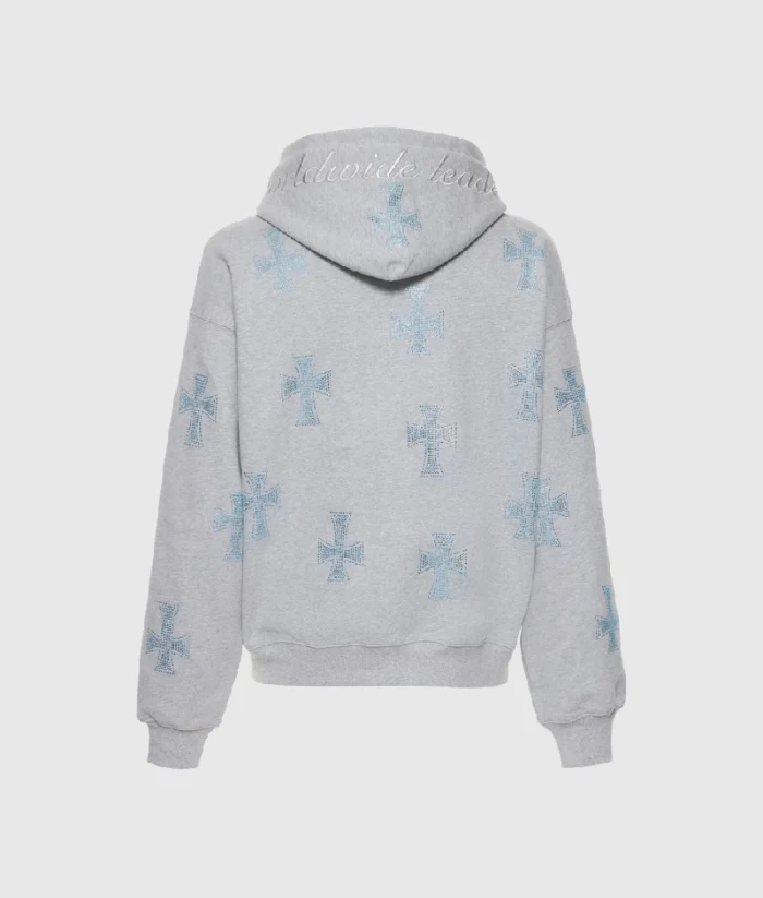 Unknown Rhinestone Cross Cotton Hoodie Grey (3)