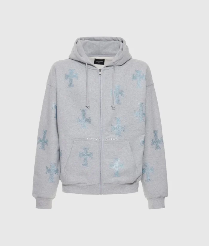 Unknown Rhinestone Cross Cotton Hoodie Grey (4)