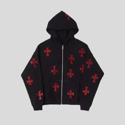 Unknown London Black x Red Rhinestone Cross Zip Hoodie