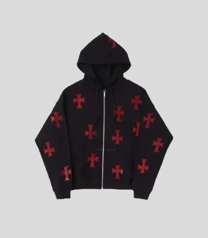 Unknown London Black x Red Rhinestone Cross Zip Hoodie